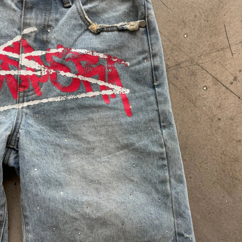 Graffiti Rhinestone Distressed Denim Jorts