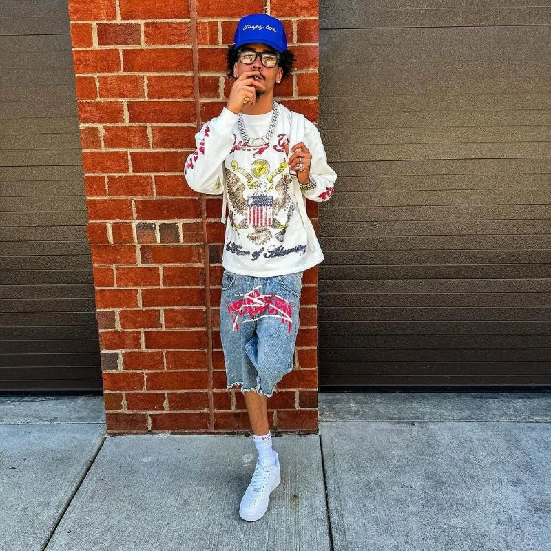 Graffiti Rhinestone Distressed Denim Jorts