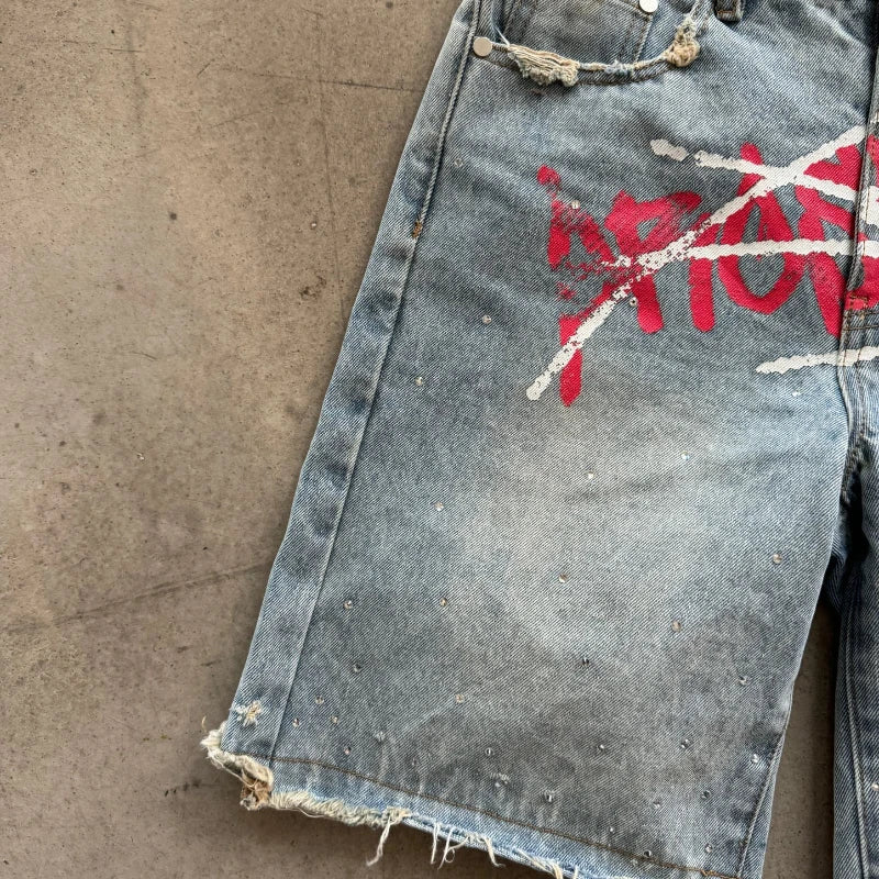 Graffiti Rhinestone Distressed Denim Jorts