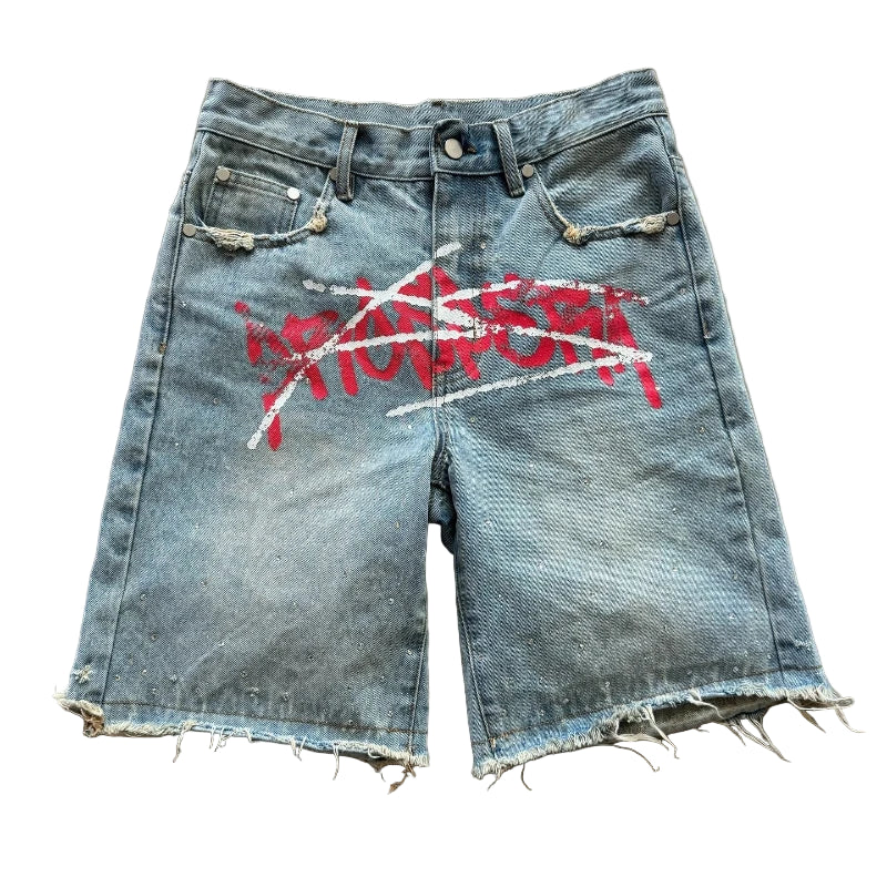 Graffiti Rhinestone Distressed Denim Jorts