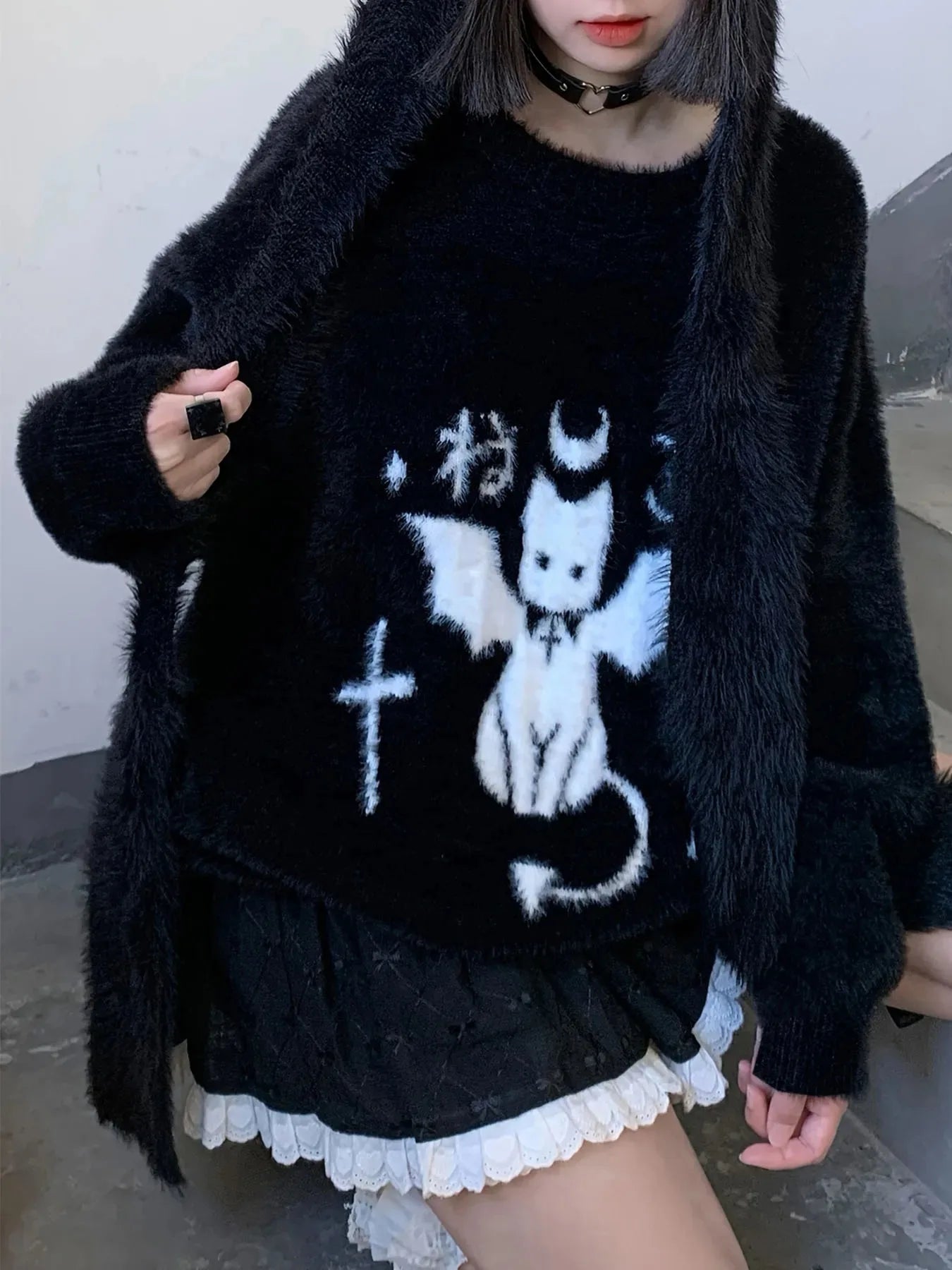 Balack Gothic Kitty Kat Sweater