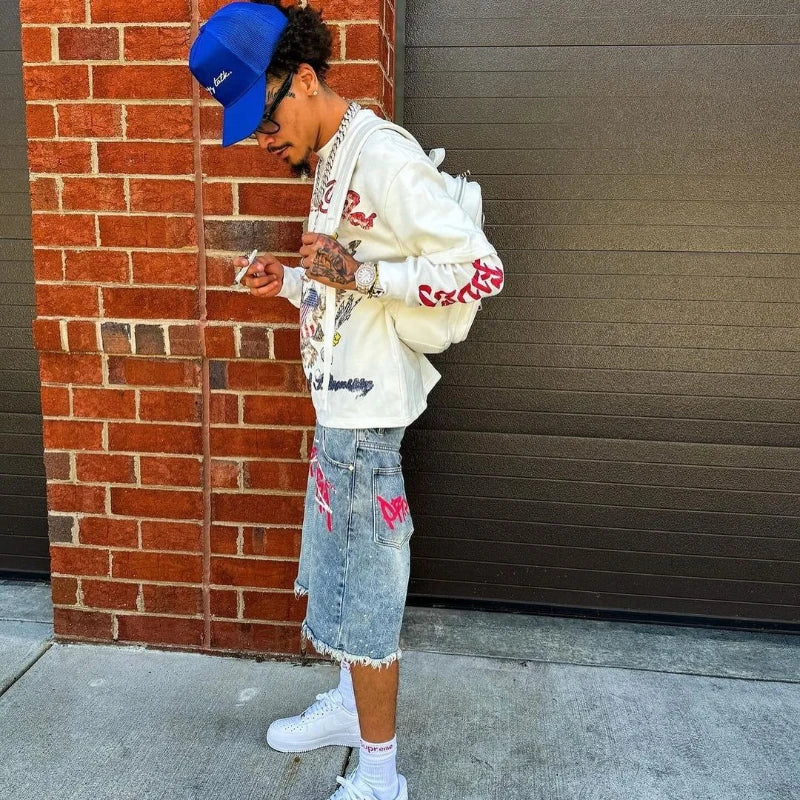 Graffiti Rhinestone Distressed Denim Jorts