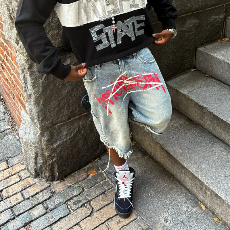 Graffiti Rhinestone Distressed Denim Jorts